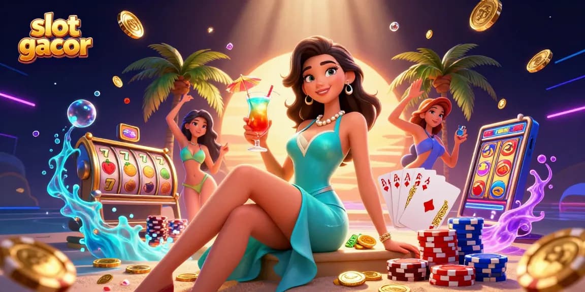 Engage in slot gacor excitement with a glamorous woman in a casino scene full of vibrant gaming elements.