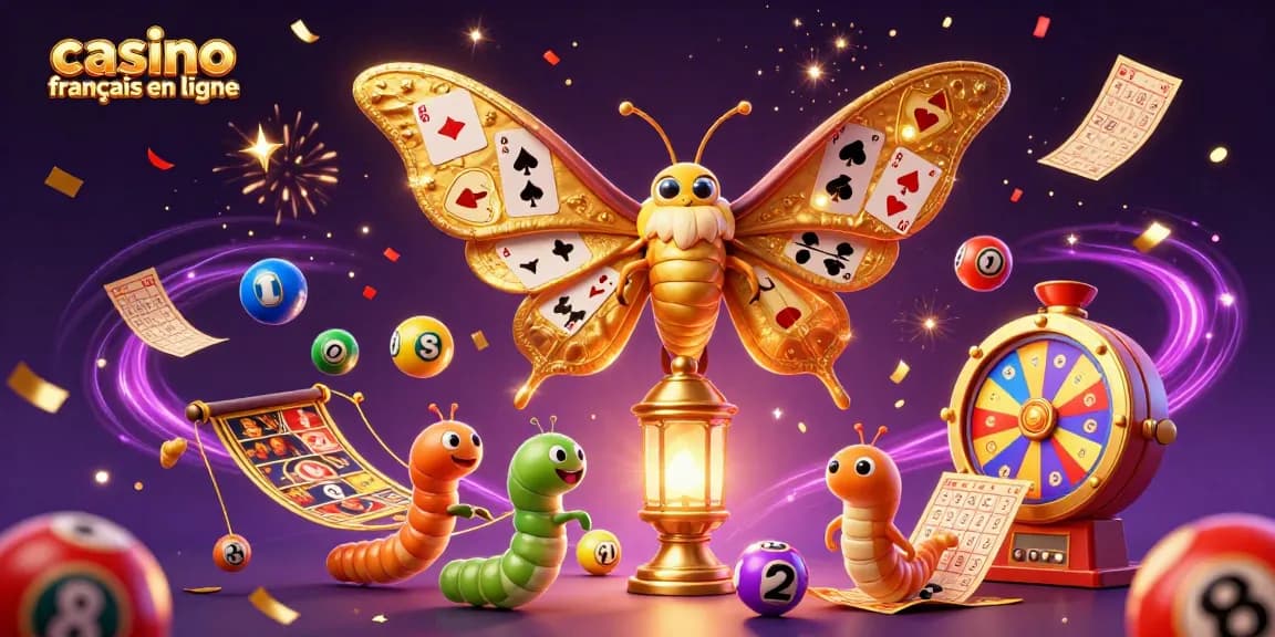 Plongez dans l'univers des jeux avec casino français en ligne, où un papillon de nuit interactif et des éléments de loterie colorés émerveillent.