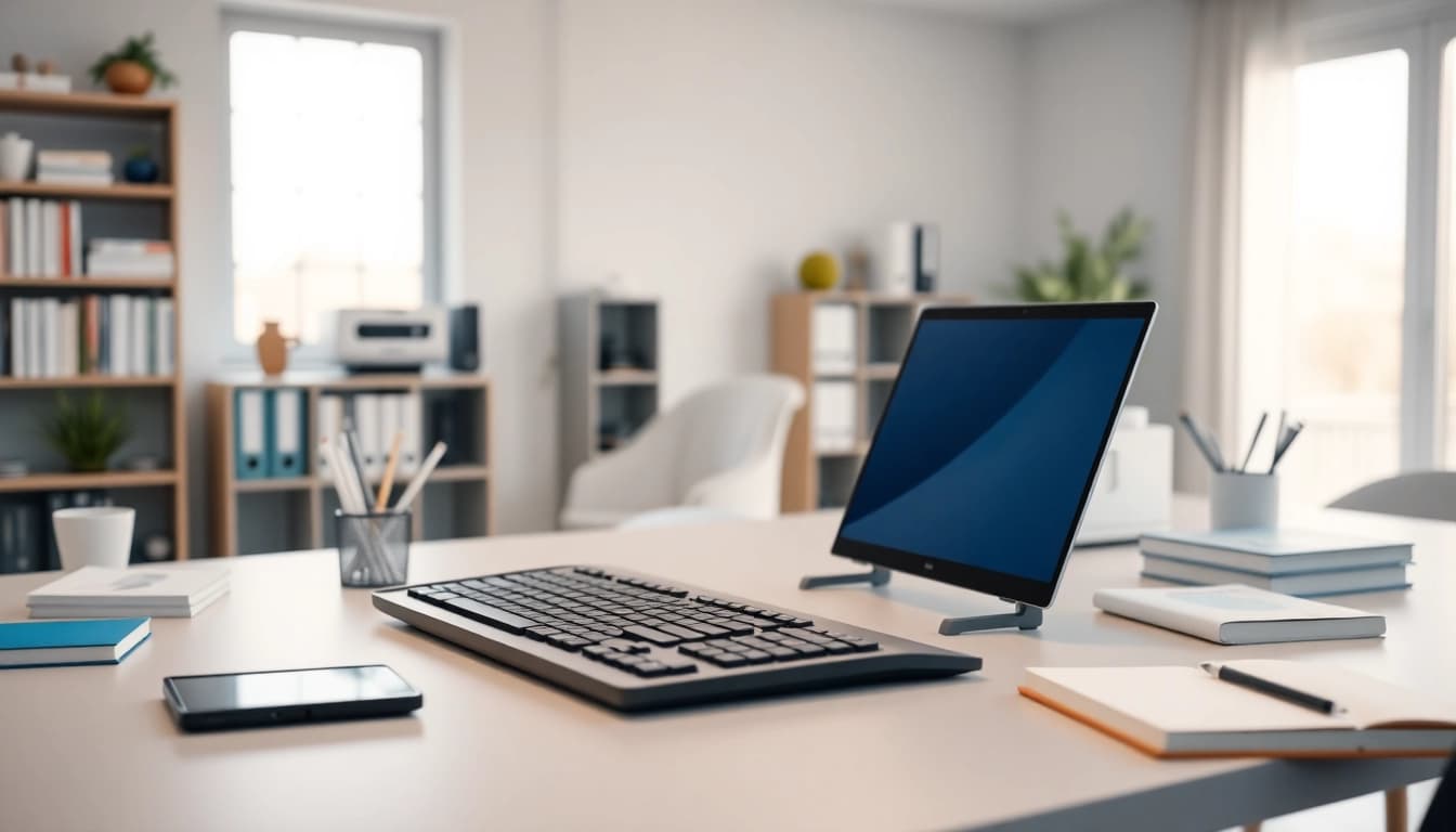 Efficient workspace in a typing center with sleek desk and high-quality keyboard for productivity.