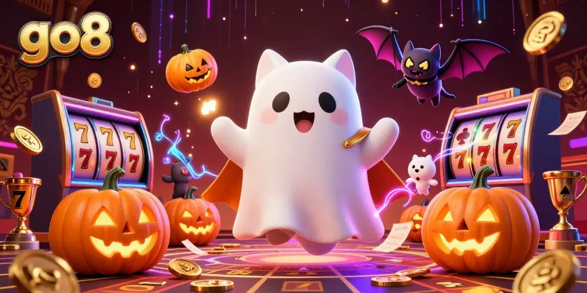 Bet big with go8's casino charm featuring a ghost cat, bat, and illuminated elements.