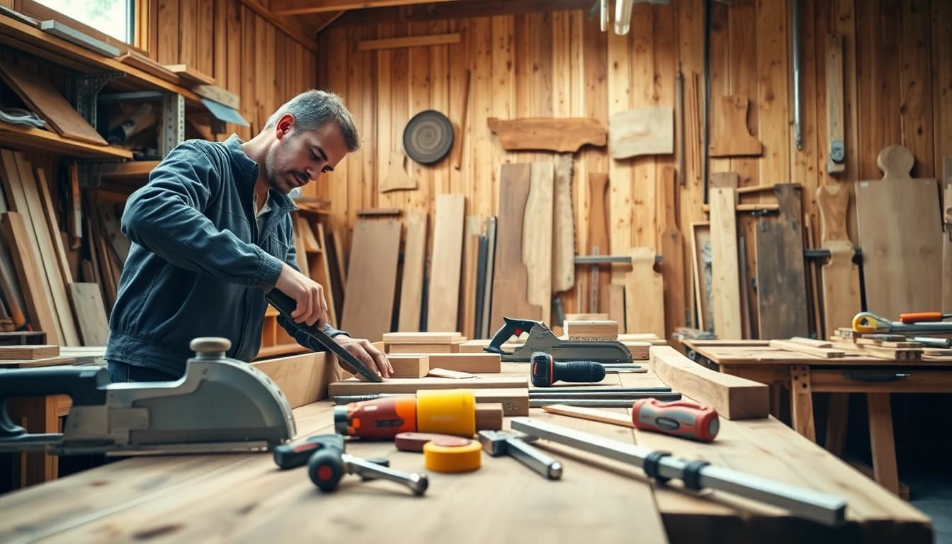 Carpentry apprenticeship: Professional carpenter skillfully working with tools at a busy workshop.