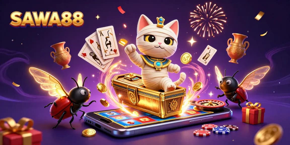SAWA888 showcases an Egyptian mummy cat heroically emerging from a sarcophagus, surrounded by captivating gaming elements.