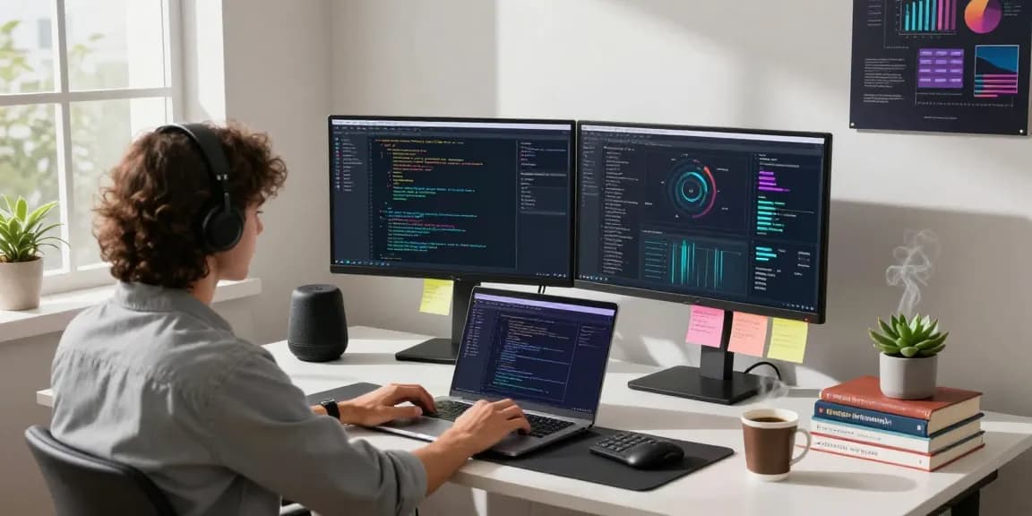 Developer integrating clawbot AI in a modern workspace with dual monitors and tech decor.