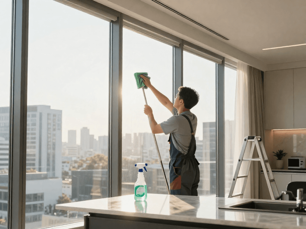 Professionelle Glasreinigung Firma in Dortmund reinigt Fenster in modernem Apartment mit umweltfreundlichen Mitteln.