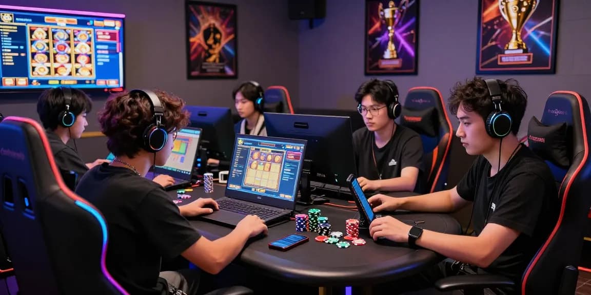 Dynamic gaming scene with players enjoying slot dana online, showcasing modern devices and an electric atmosphere.