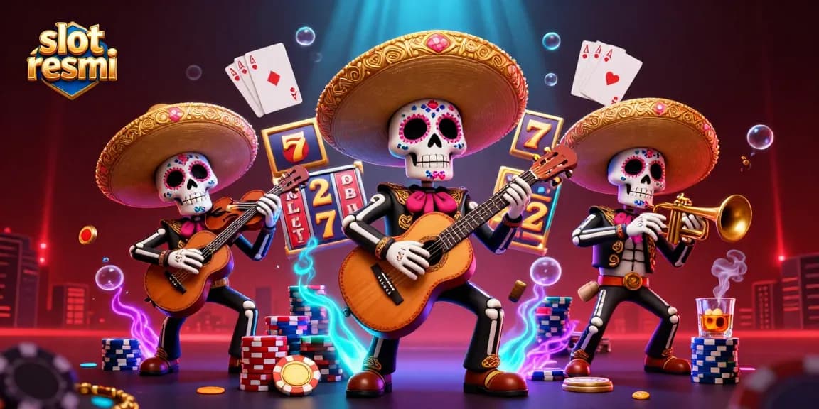 Experience thrilling action at slot resmi with dynamic visuals of a mariachi band in a vibrant casino scene.