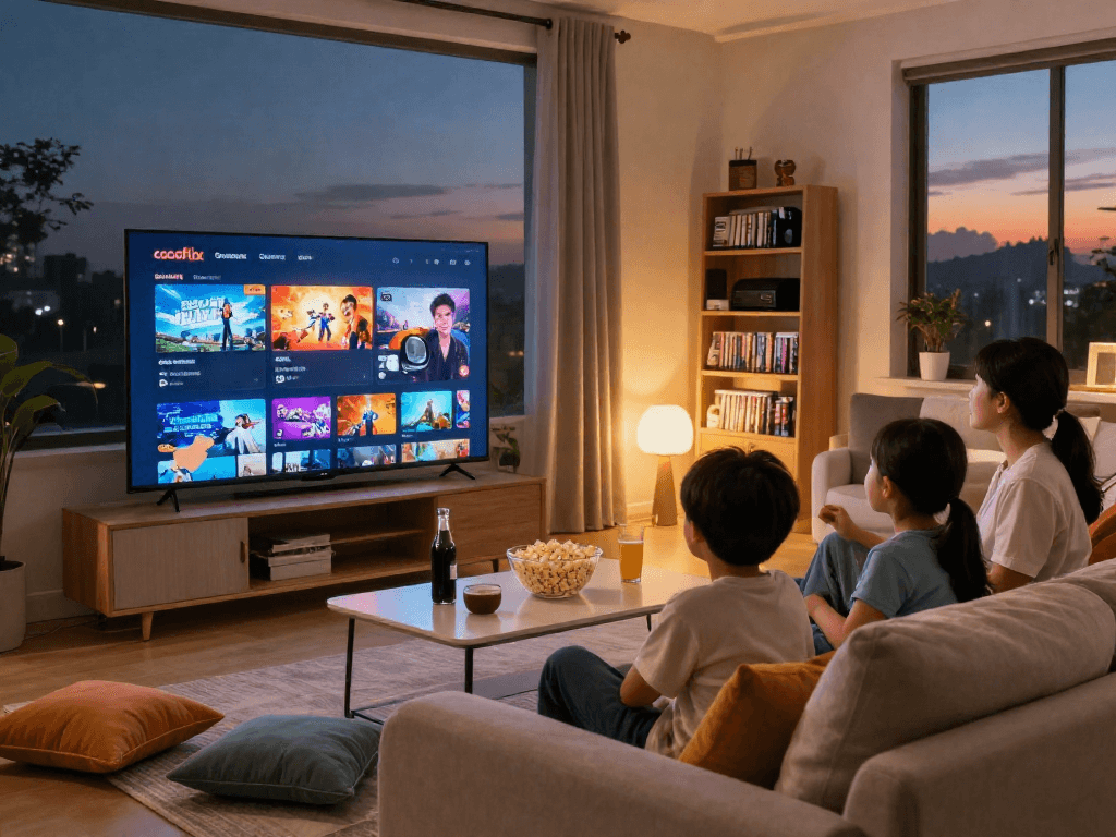 Family enjoying a cocoflix movie night in a cozy living room.