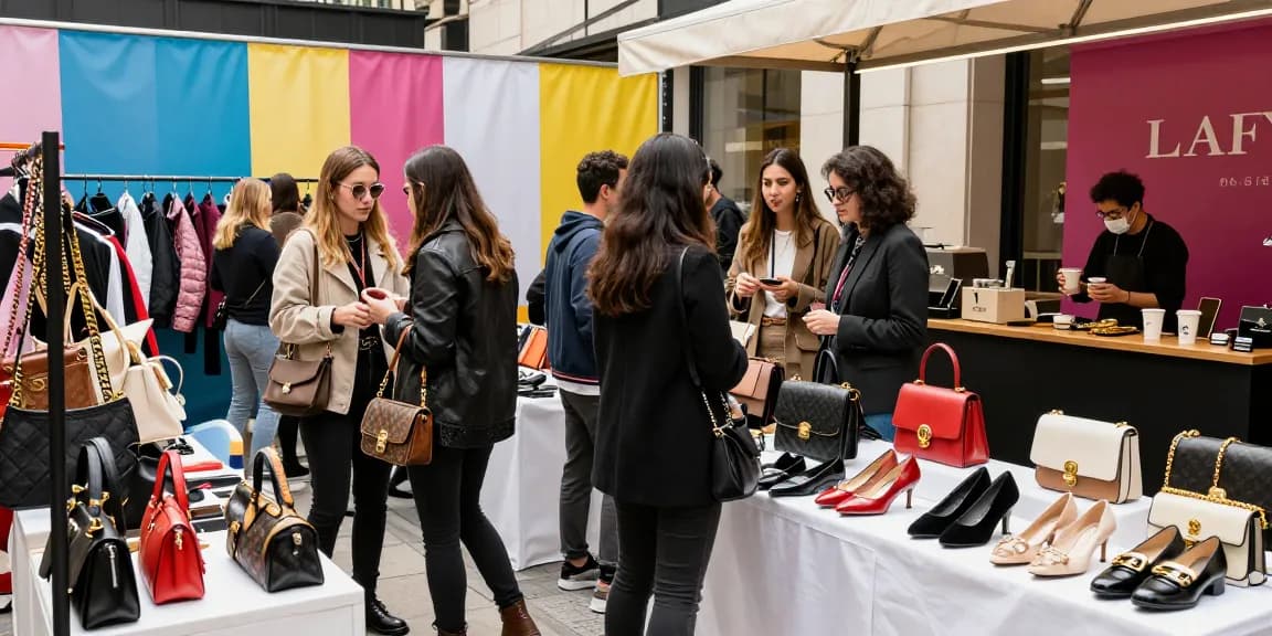 Stylish shoppers exploring high-quality 레플리카 사이트 offerings at a vibrant urban pop-up event.