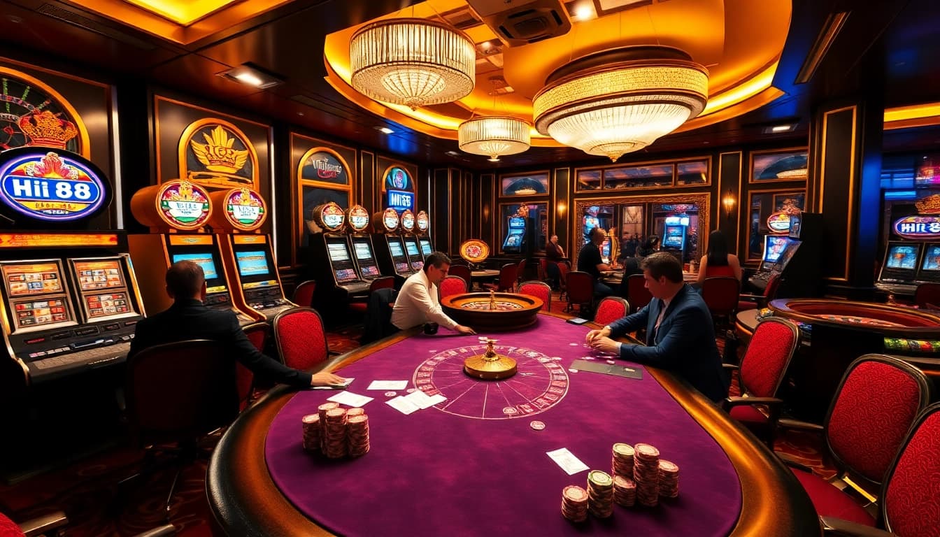 Players enjoying the excitement of Hi88 at a luxurious casino table.