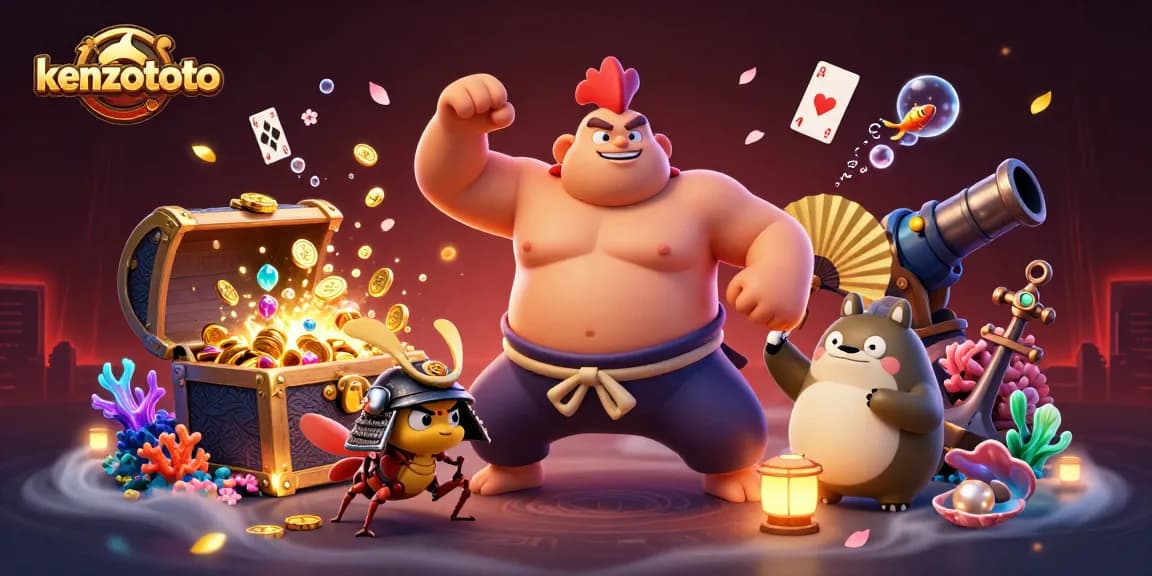 Experience thrilling action with kenzototo in a vibrant sumo wrestling themed scene filled with gold coins and treasures.