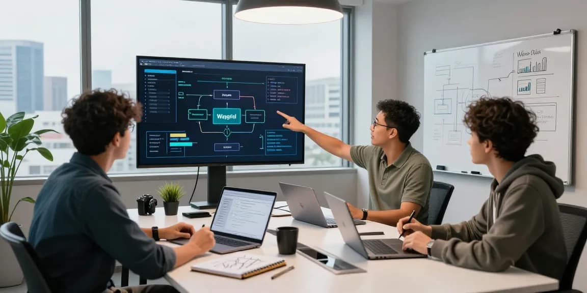 Waygrid team collaborating on API infrastructure in modern workspace with engaging visuals.