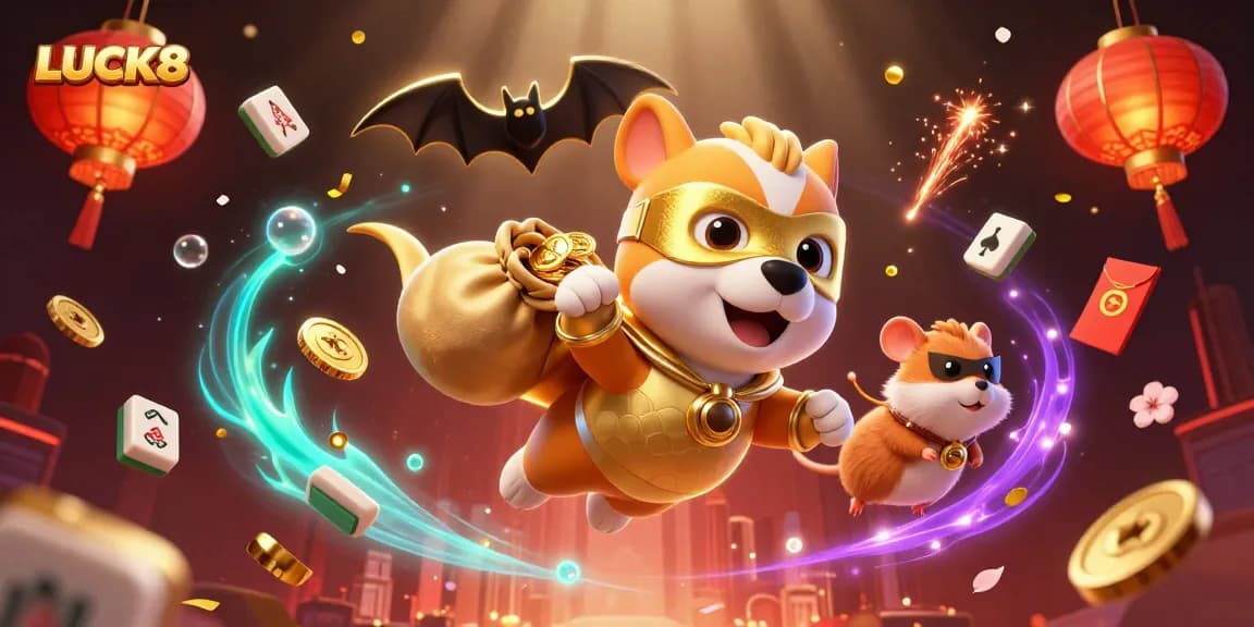 LUCK8 energizes gameplay with a superhero dog and hamster amidst festive gambling elements.