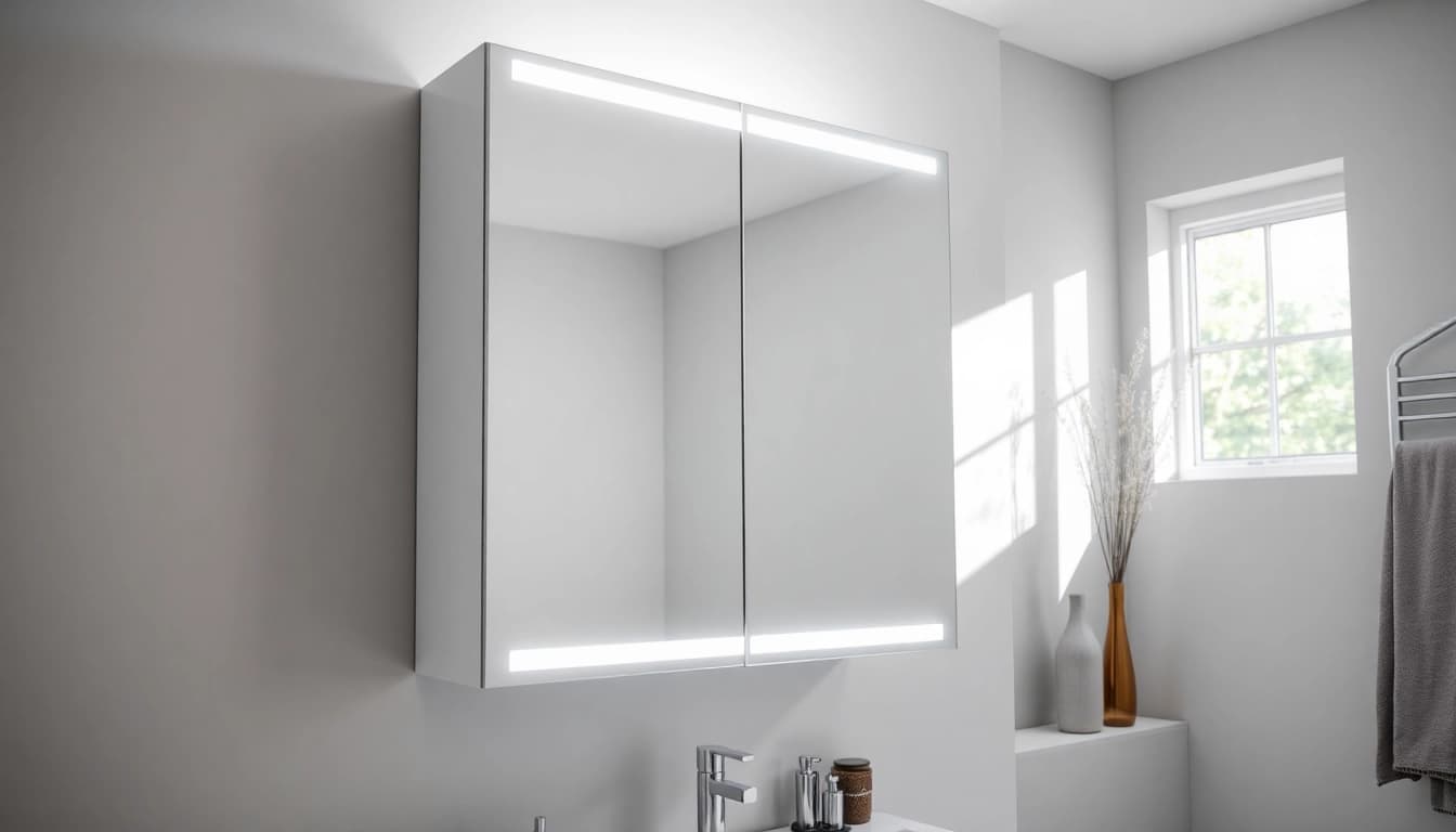 Präsentation des sonni Spiegelschrank mit moderner Beleuchtung in einem Badezimmer.