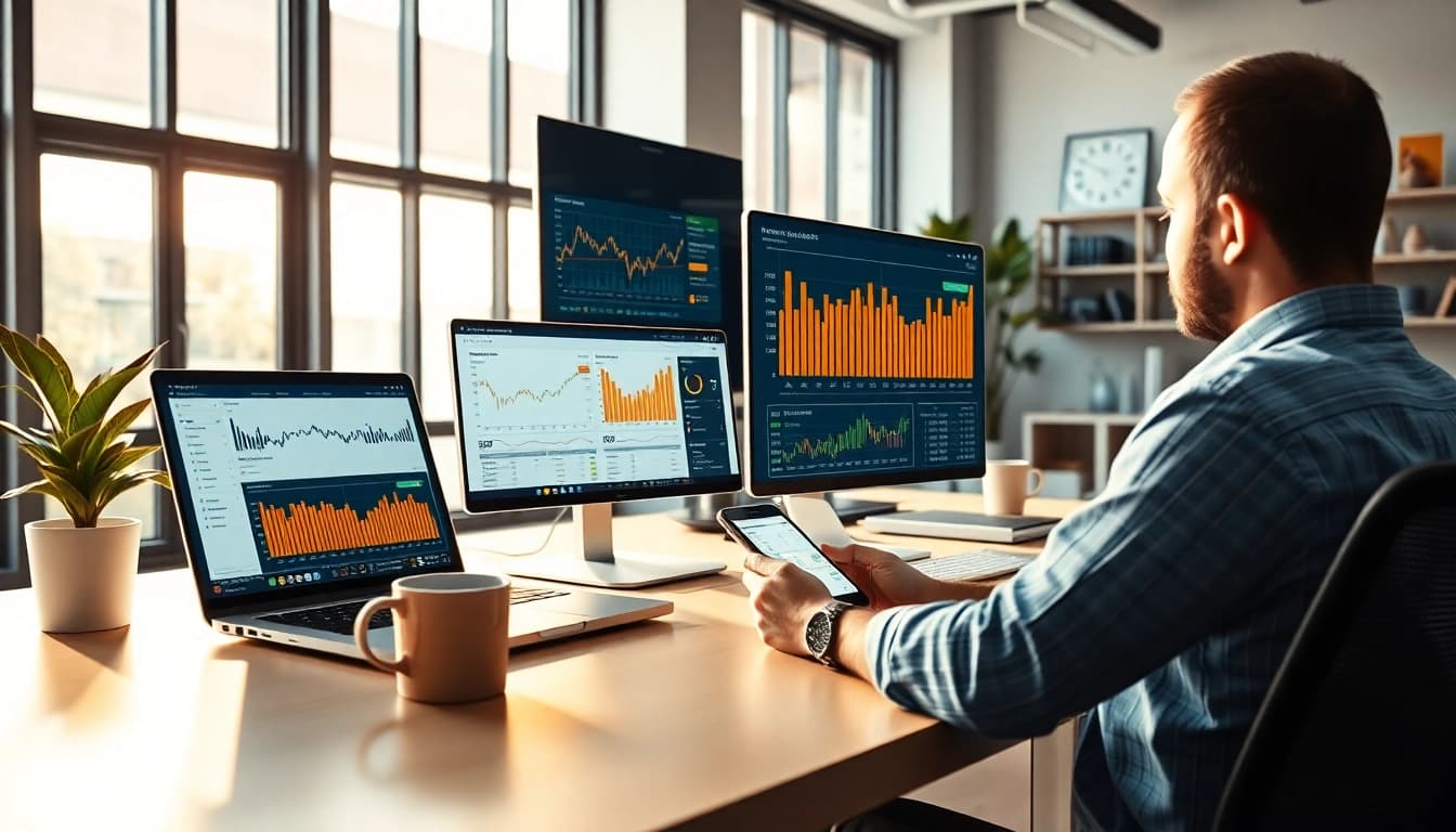 Infosec analysis in a modern workspace with digital price tracking tools for e-commerce monitoring.