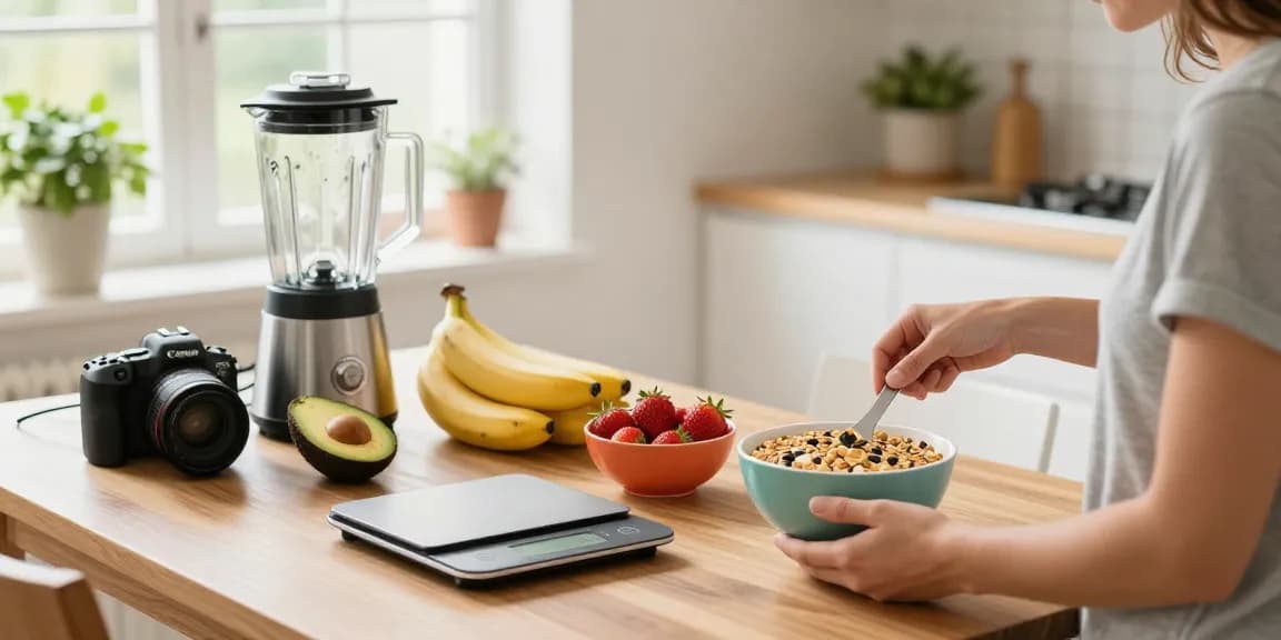 Discover the best calorie tracking app in a bright kitchen scene featuring fresh ingredients for a smoothie bowl.