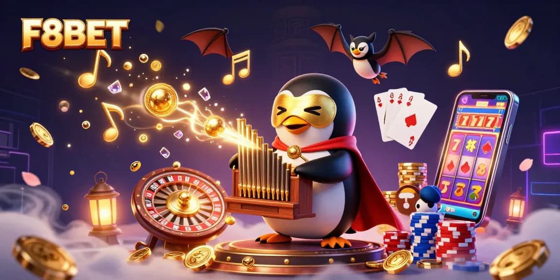 Experience the thrilling world of F8BET with stunning visuals featuring games, golden coins, and interactive elements