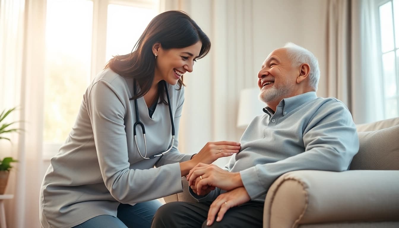 Engaging at home health care services near me with a caregiver supporting an elderly person in a cozy setting.