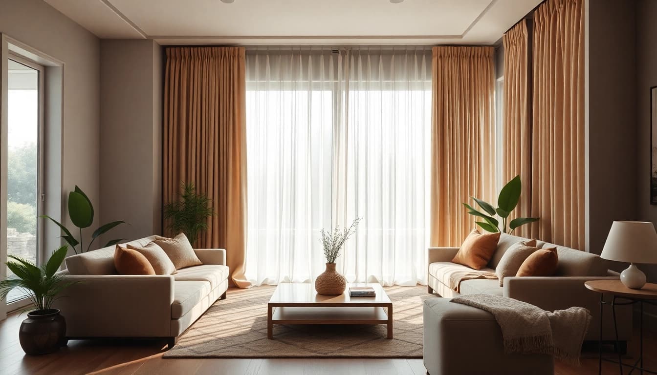 Verduisterende gordijnen in een stijlvolle woonkamer die een rustige sfeer creëren.