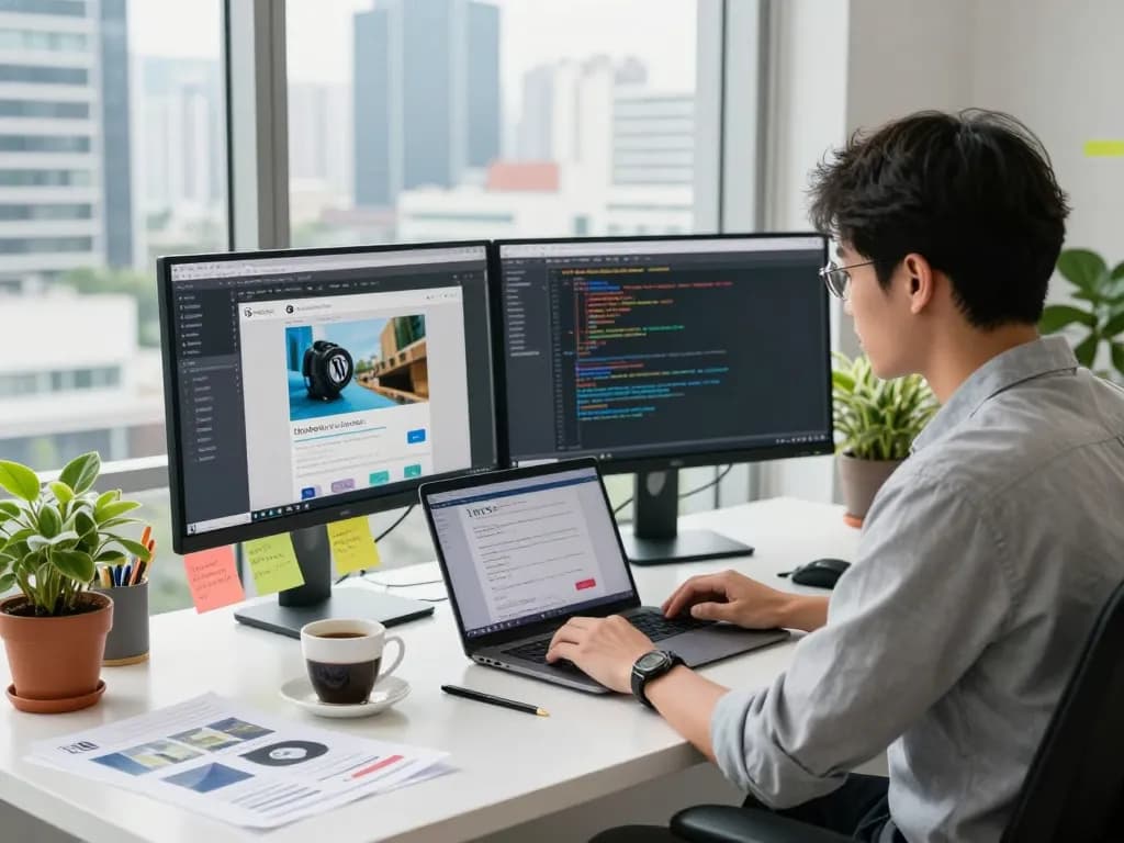 Freelance web designer in Kuala Lumpur coding with dual monitors showcasing web development projects.