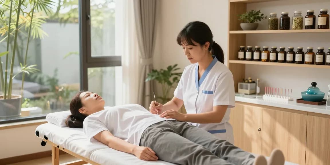Personalized treatment at 영통한의원 with acupuncturist helping patient in calming space.