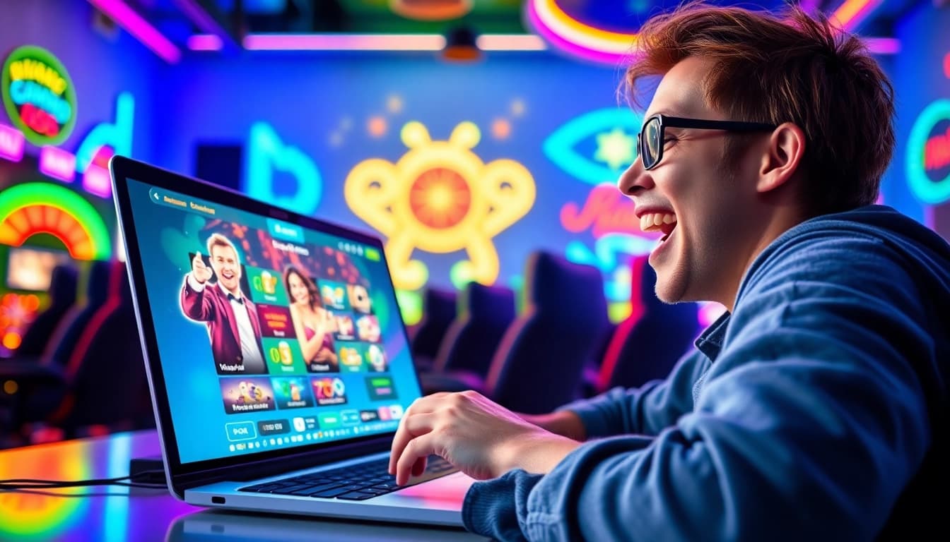 Menggambarkan pelanggan bersemangat saat menggunakan situs deposit 1000 dalam pengalaman kasino online.