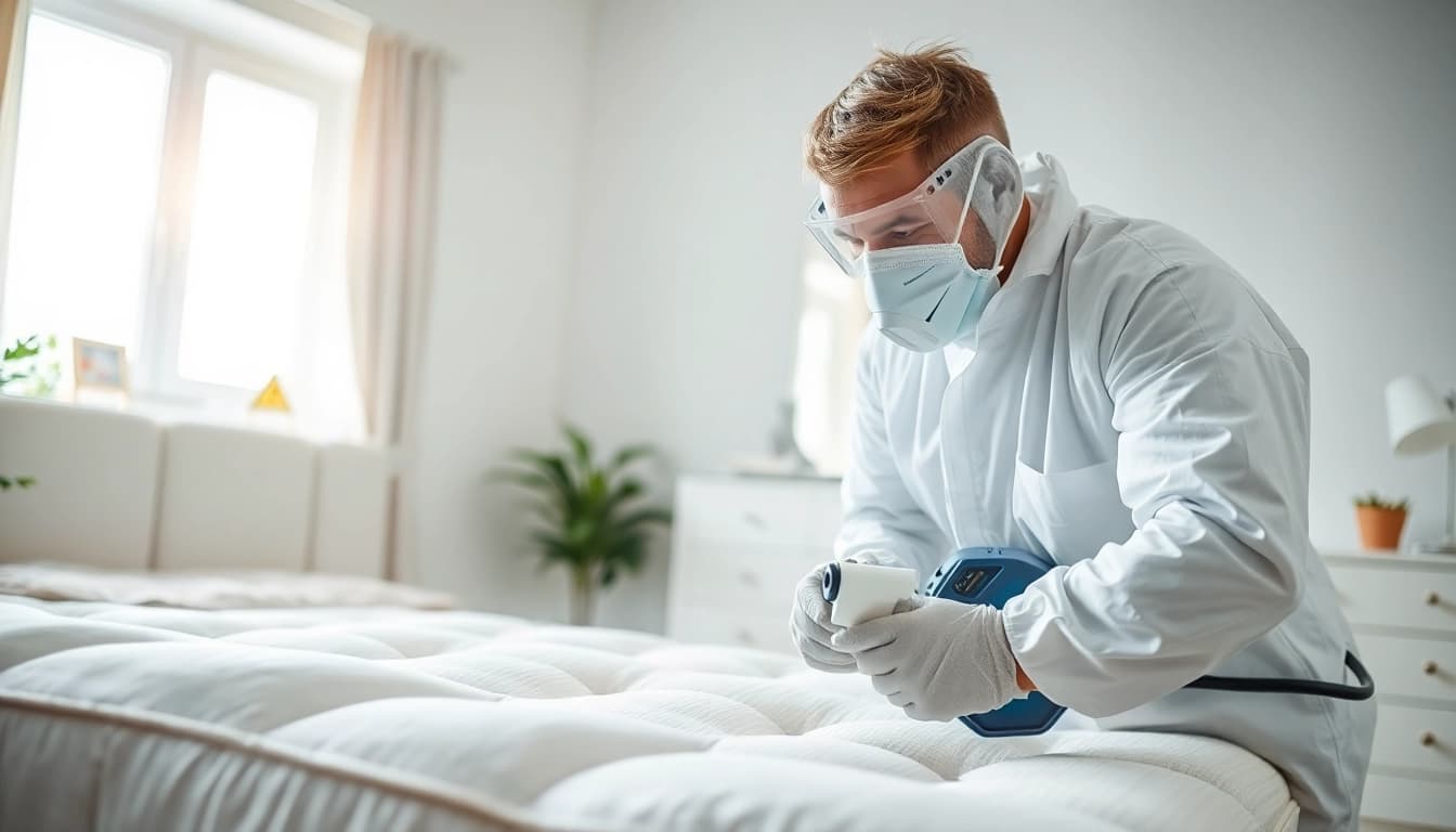 Technician administering bed bug chemical treatment in a neat bedroom, emphasizing professional pest control.