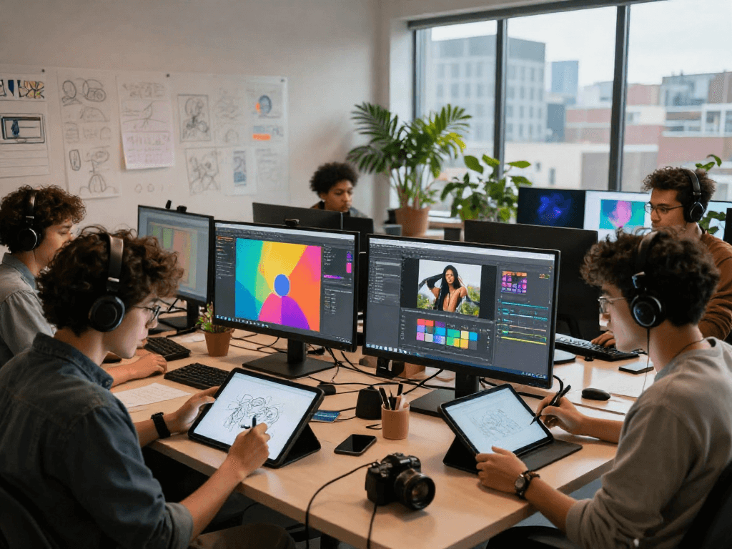 Creative team collaborating on nsfw AI projects in a dynamic workspace.
