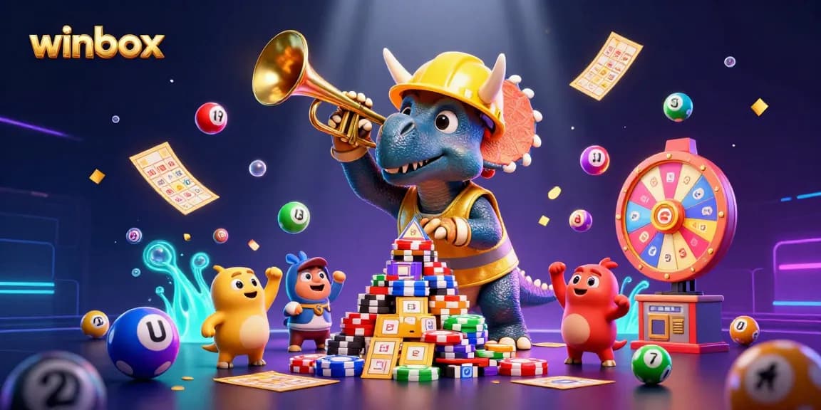 Engage with winbox excitement through a vibrant lottery scene featuring playful dinosaurs.