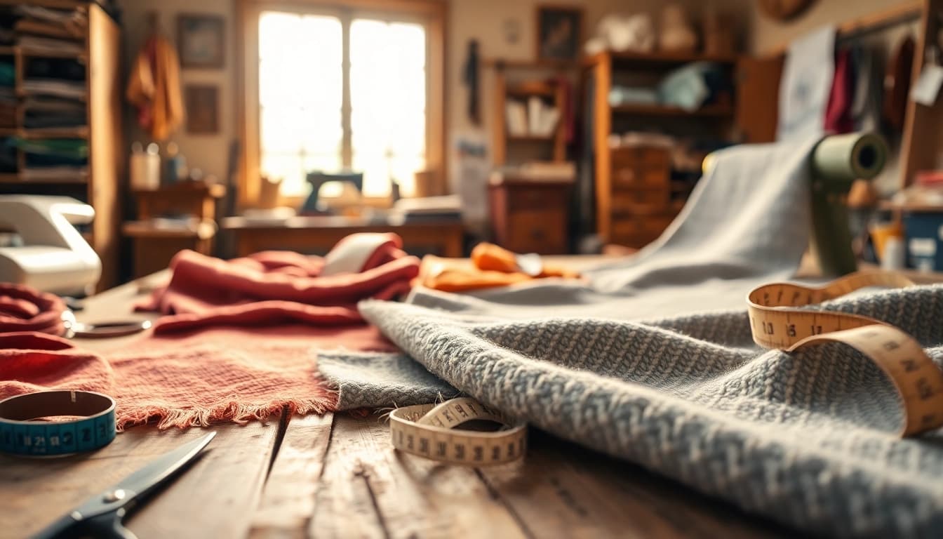 Een prachtig voorbeeld van bouclé stof, weergegeven met verschillende texturen en kleuren op een houten tafel.