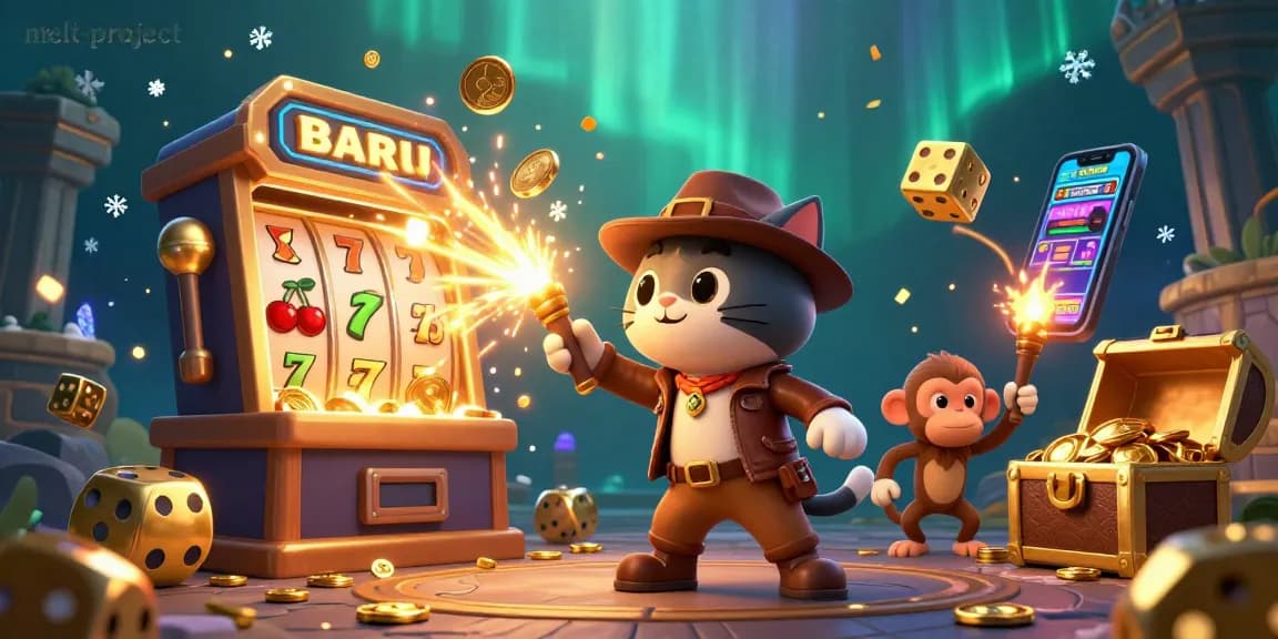Engage with the melt-project adventure as a cartoon archaeologist cat discovers a golden casino artifact amid colorful game elements.