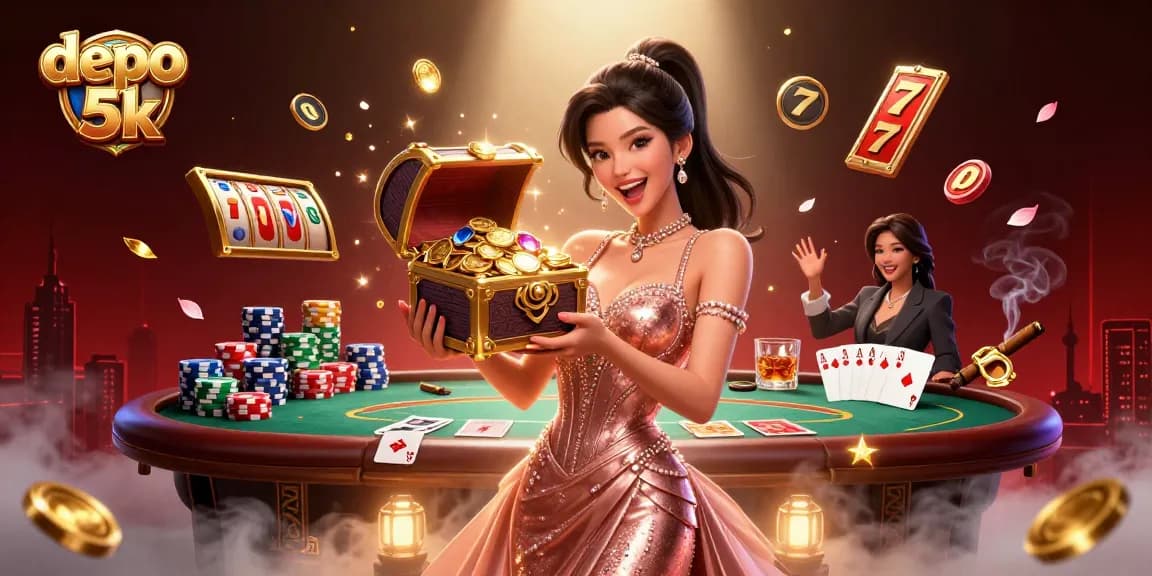 Experience thrilling action at depo 5k with a treasure chest of winnings and dynamic slot and poker elements.