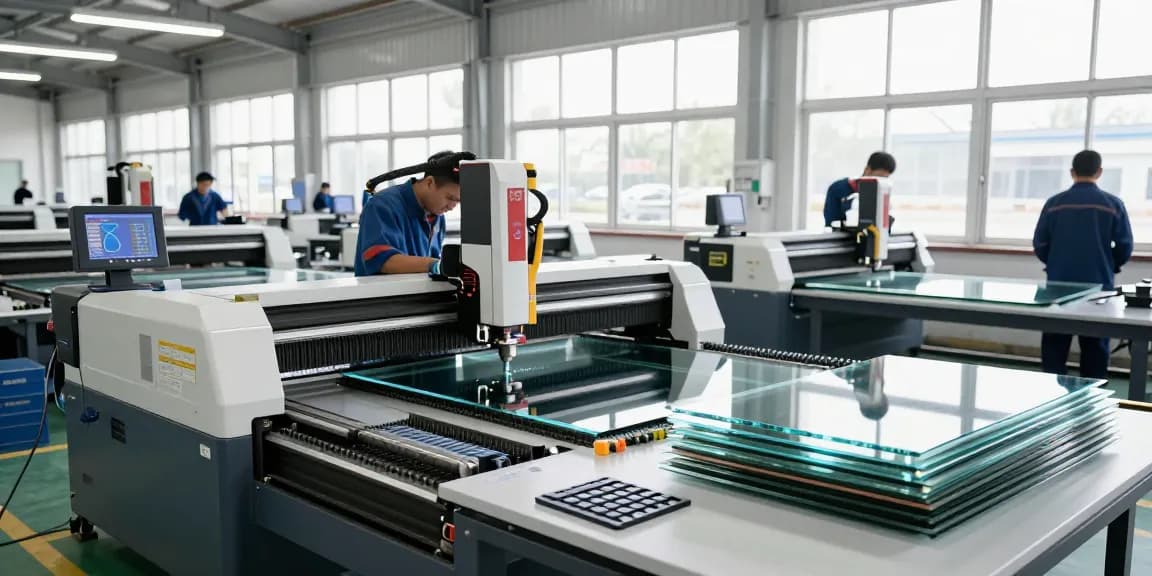 Technicians operating cutting machine glass in modern industrial workshop.