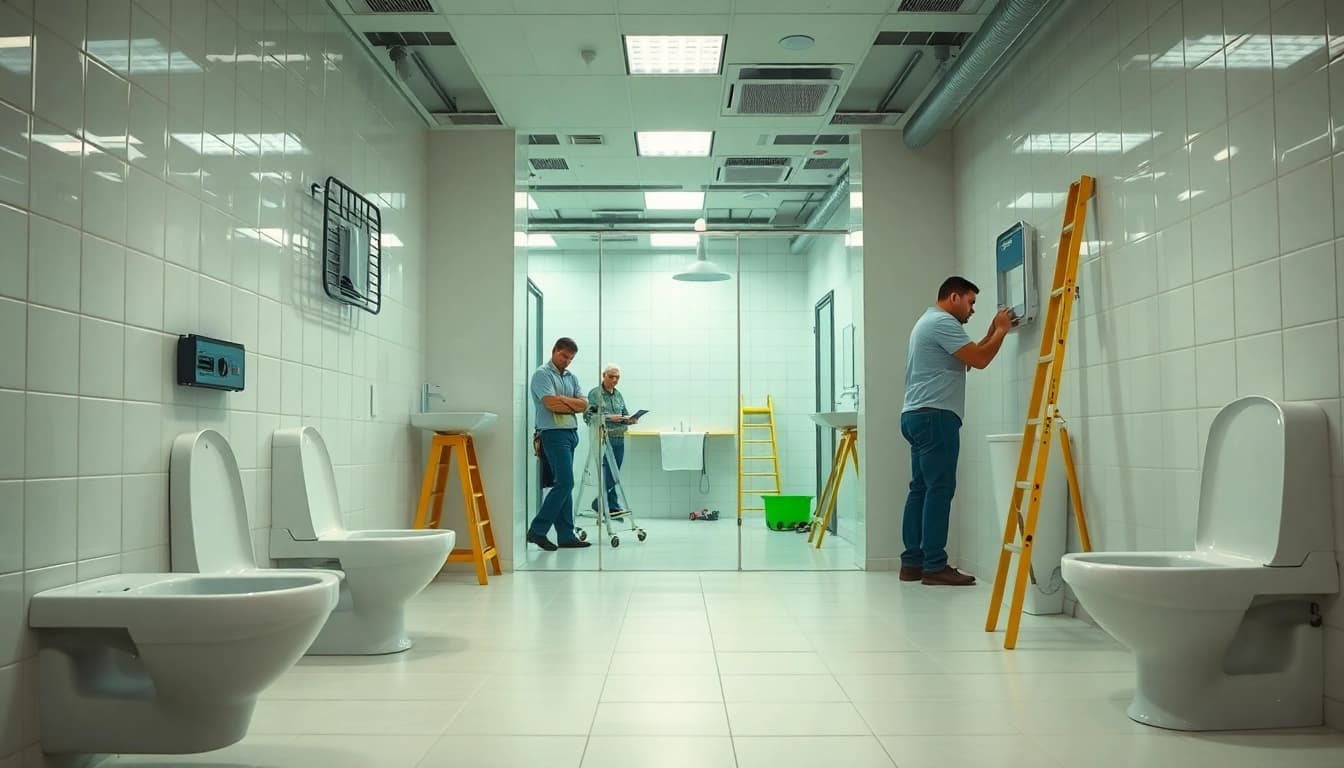 Examining high-quality fixtures during a commercial toilet refurbishment.