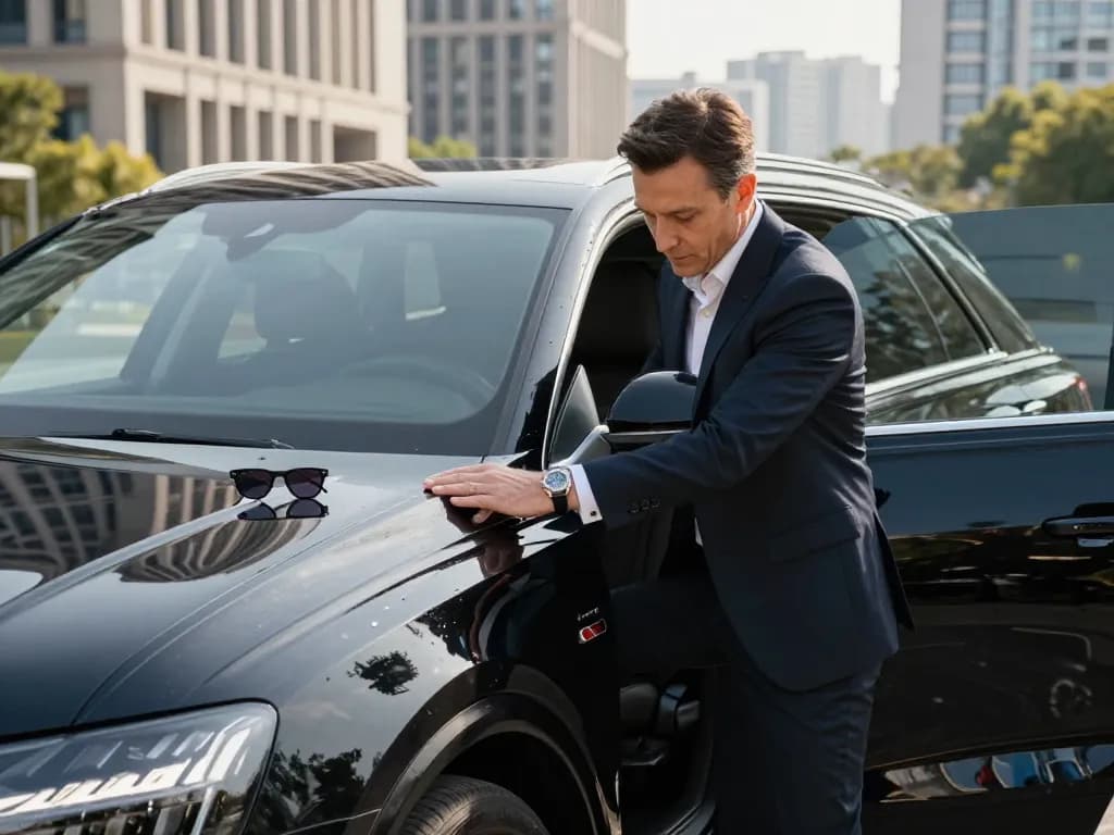 Cho thuê xe ô tô hạng sang với một chiếc Audi Q8 sang trọng trong không gian đô thị cao cấp.