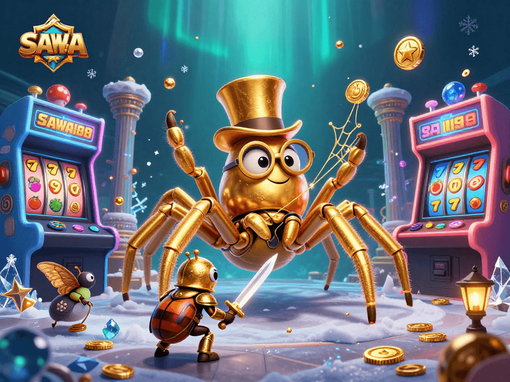 SAWA888 invites players to explore thrilling 3D slots with a unique golden tarantula theme and vibrant gaming elements.