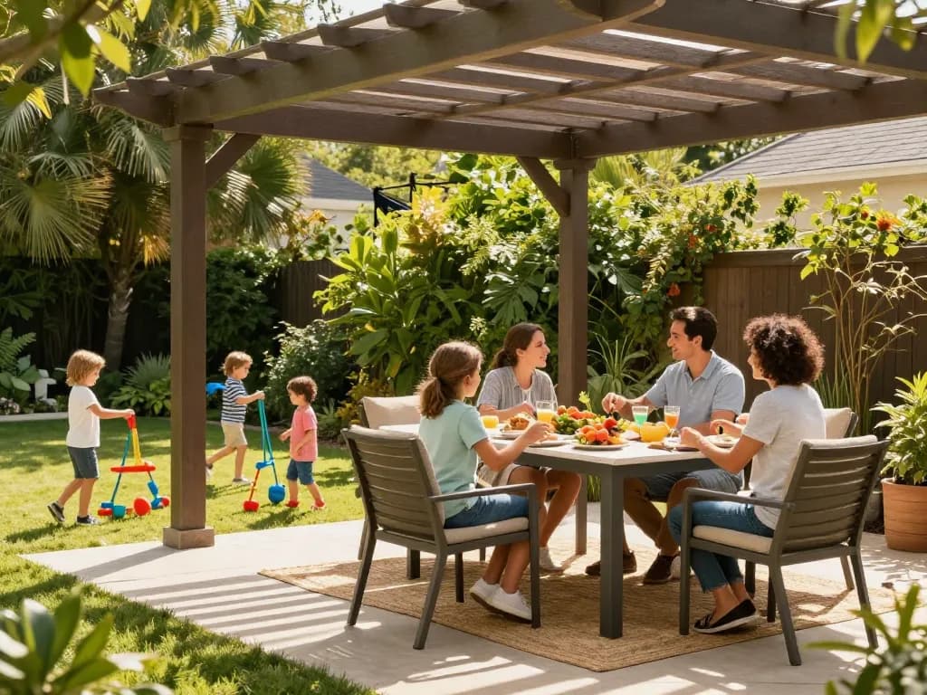 Custom pergola configurator showcasing a family enjoying their outdoor space with lush greenery and stylish dining.