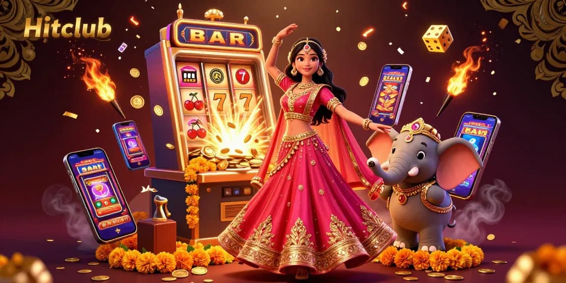 Hitclub offers exciting gameplay with a vibrant Asian-themed illustration of gambling dynamics and slot machines.