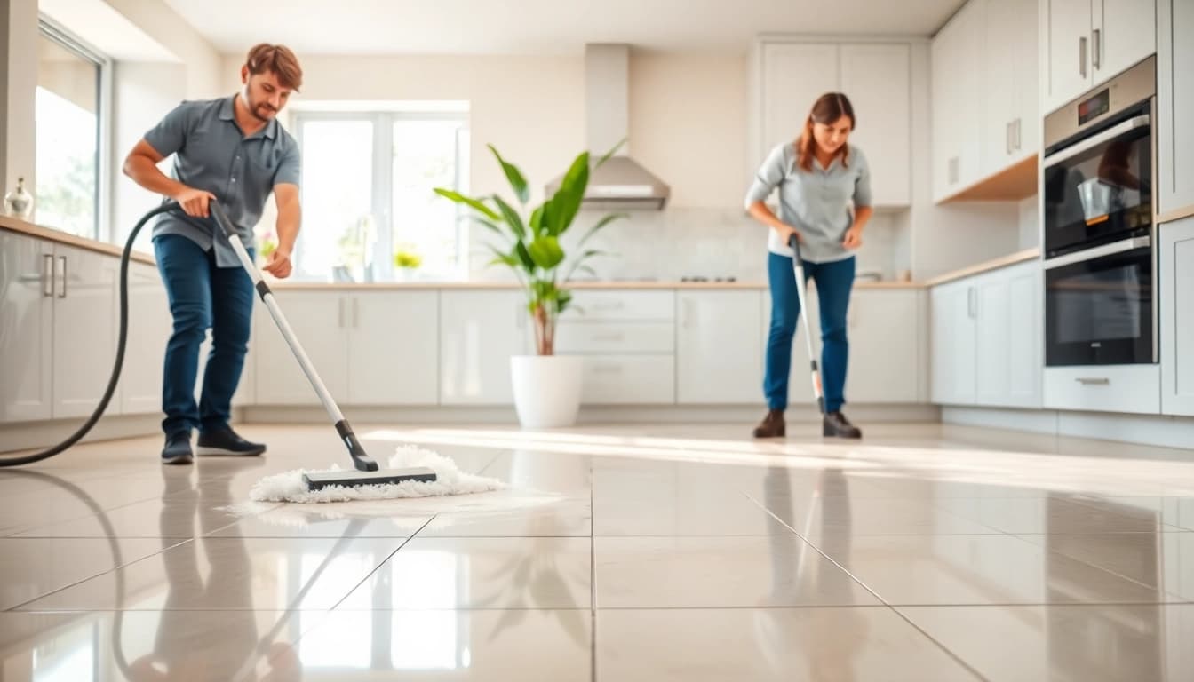 Tile cleaners near me effectively cleaning tiles in a bright, modern kitchen setting.