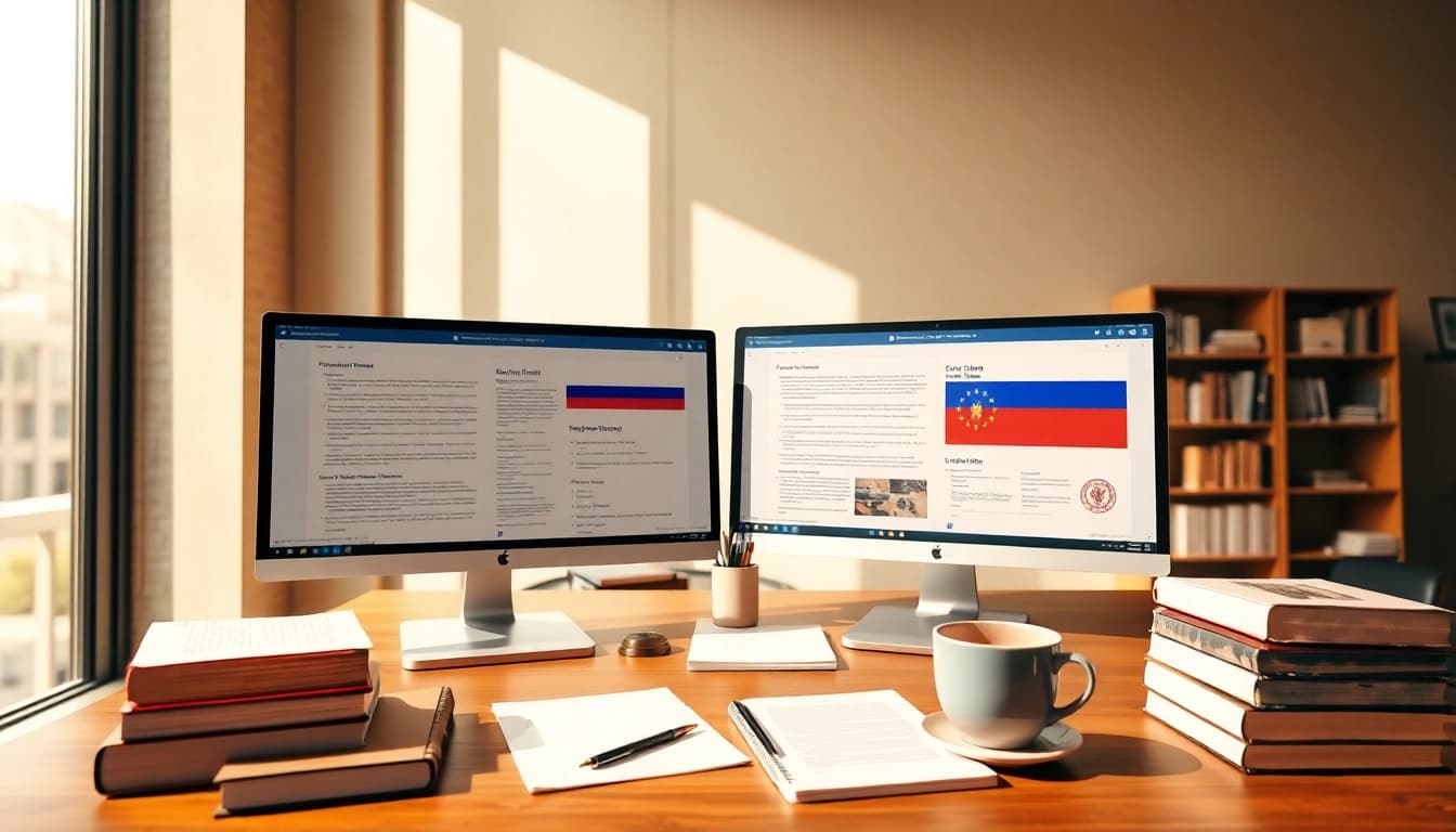 Traducteur russe certifié travaillant dans un bureau moderne.