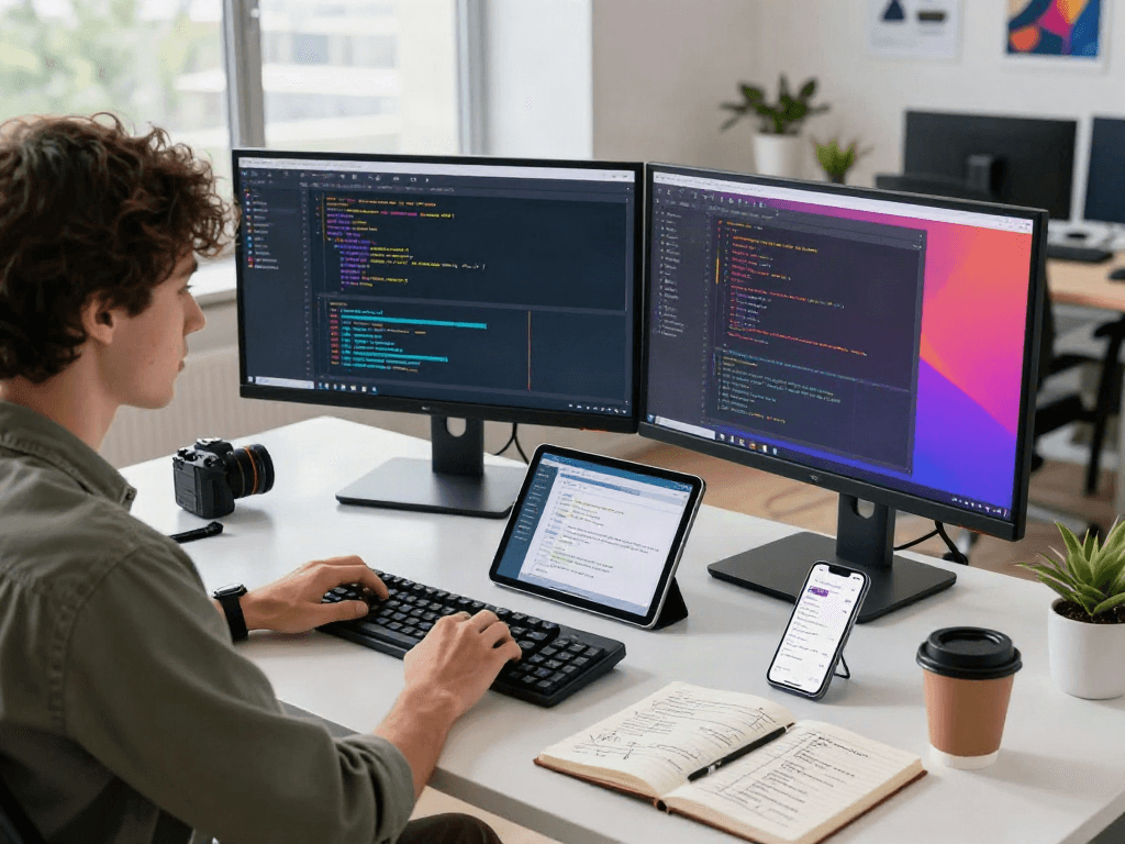 Developer coding with pikashow features in modern office workspace filled with gadgets and creative decor