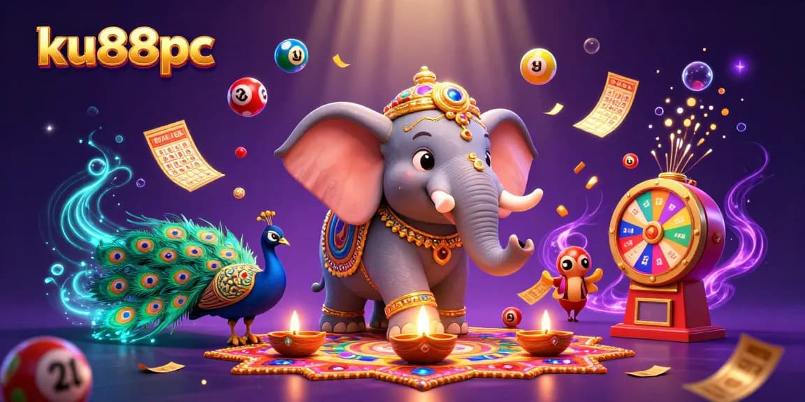 Engage with ku88pc's vibrant gambling scene featuring lottery balls and festive characters.