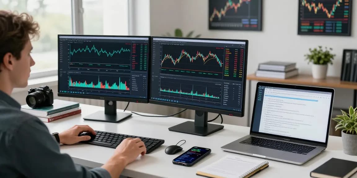 Trader using MetaTrader 5 in a modern office, analyzing market charts and executing trades.