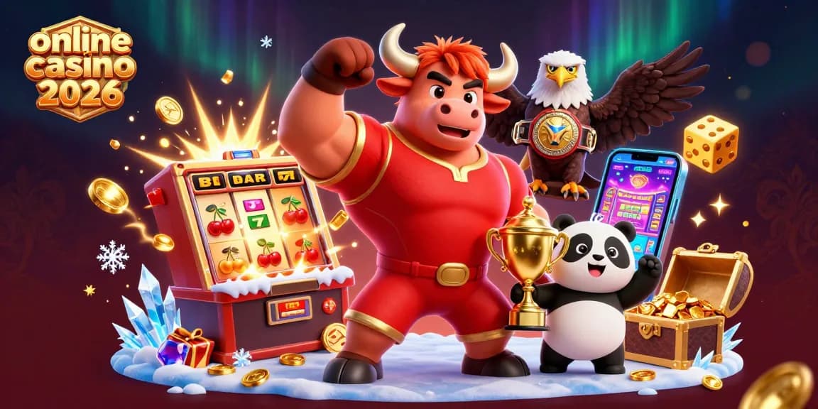 Játssz az online casino 2026 kaszinókban, miközben a bika mascot győztes pózban áll a boldog panda mellett.