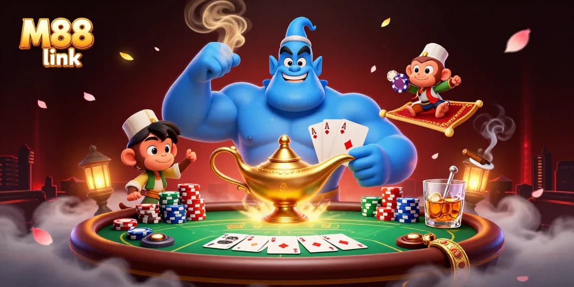 M88 link showcases an exciting casino scene with a genie, monkey, and poker chips, bringing thrilling gaming action.