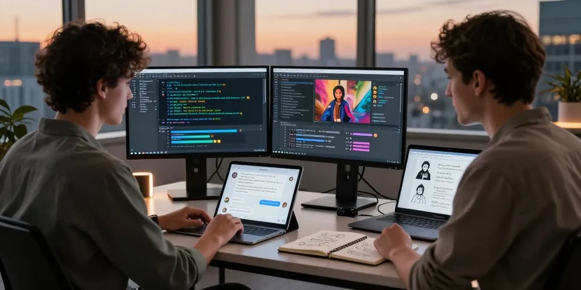 Professional engaged in AI NSFW content creation with dual monitors and creative tools.