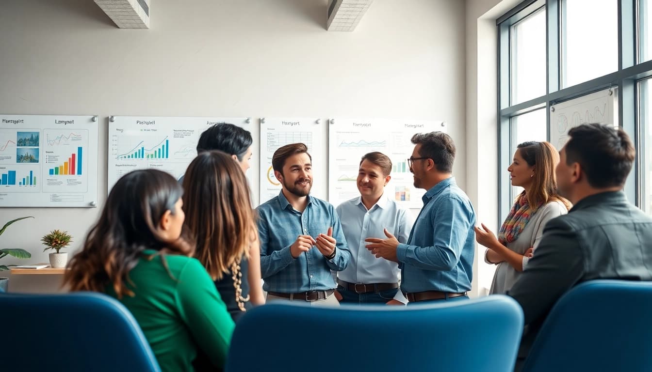 Engaging business coaching service session with diverse entrepreneurs in a modern office.