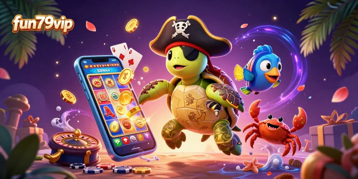 Engage with fun79vip's vibrant 3D casino illustration, showcasing a pirate turtle and a hermit crab amidst colorful slots and gold.