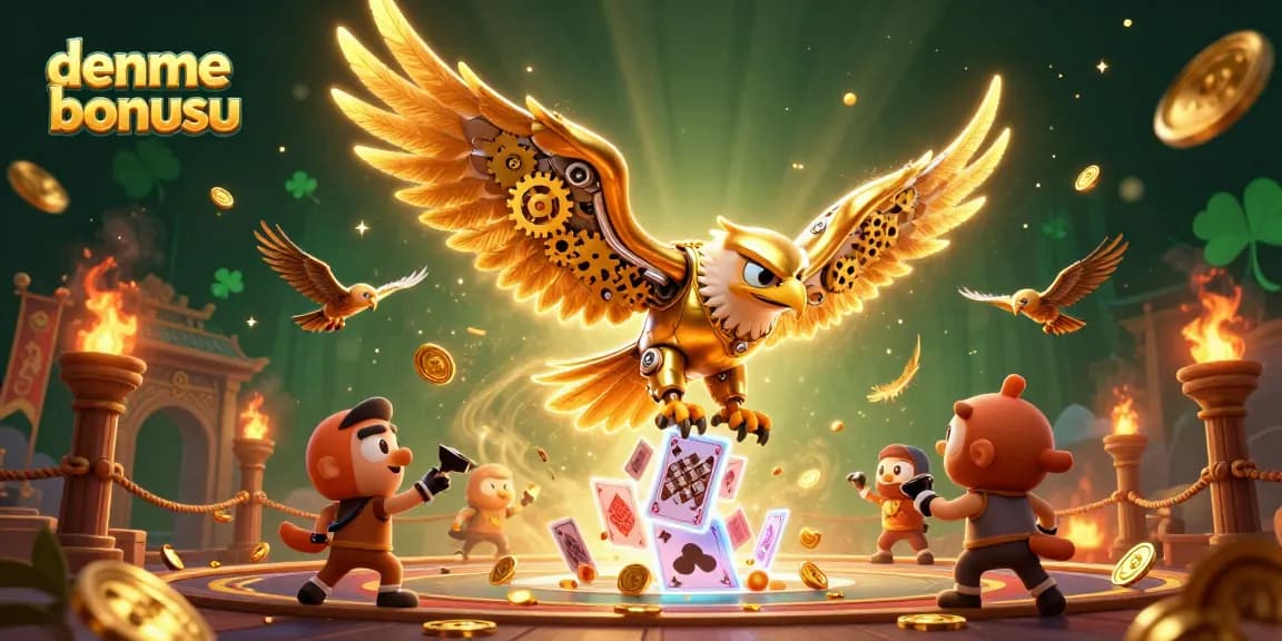 Experience the thrill of deneme bonusu in a vibrant 3D casino scene featuring a golden eagle and holographic cards.