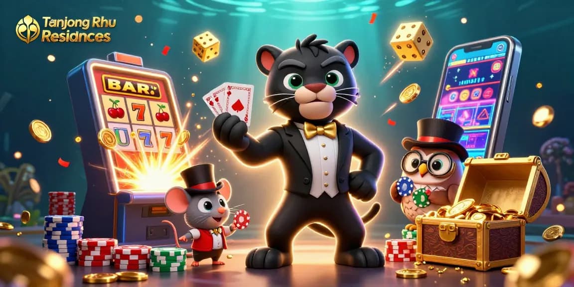 Tanjong Rhu Residences brings excitement to players with a vibrant casino scene featuring animated characters playing cards and enjoying jackpot wins.