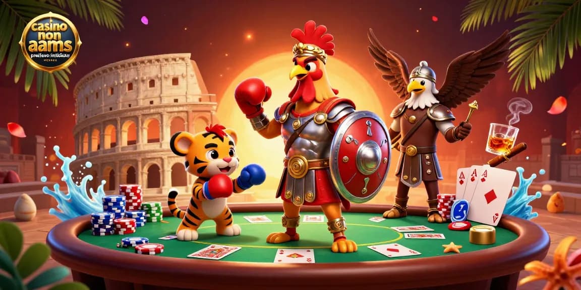 Illustrazione vivace di un gallo gladiatore in un casinò, evidenziando il prelievo immediato non AAMS.